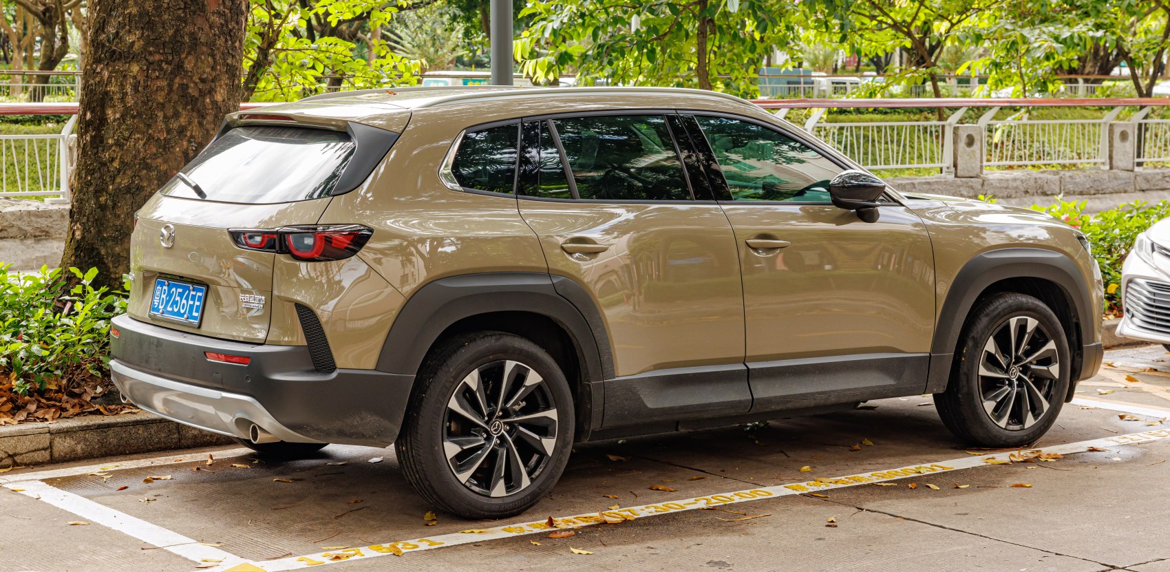 Rear and side view of SUV with black wheel arches and alloy wheels