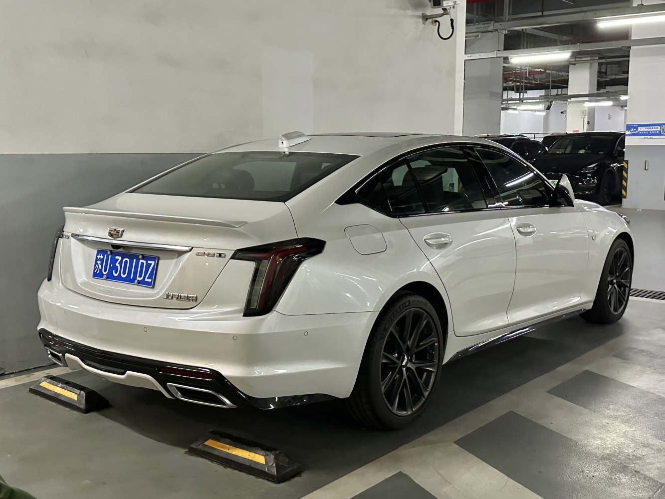 Rear and side view with vertical tail lights and dual exhaust in a sleek sedan.