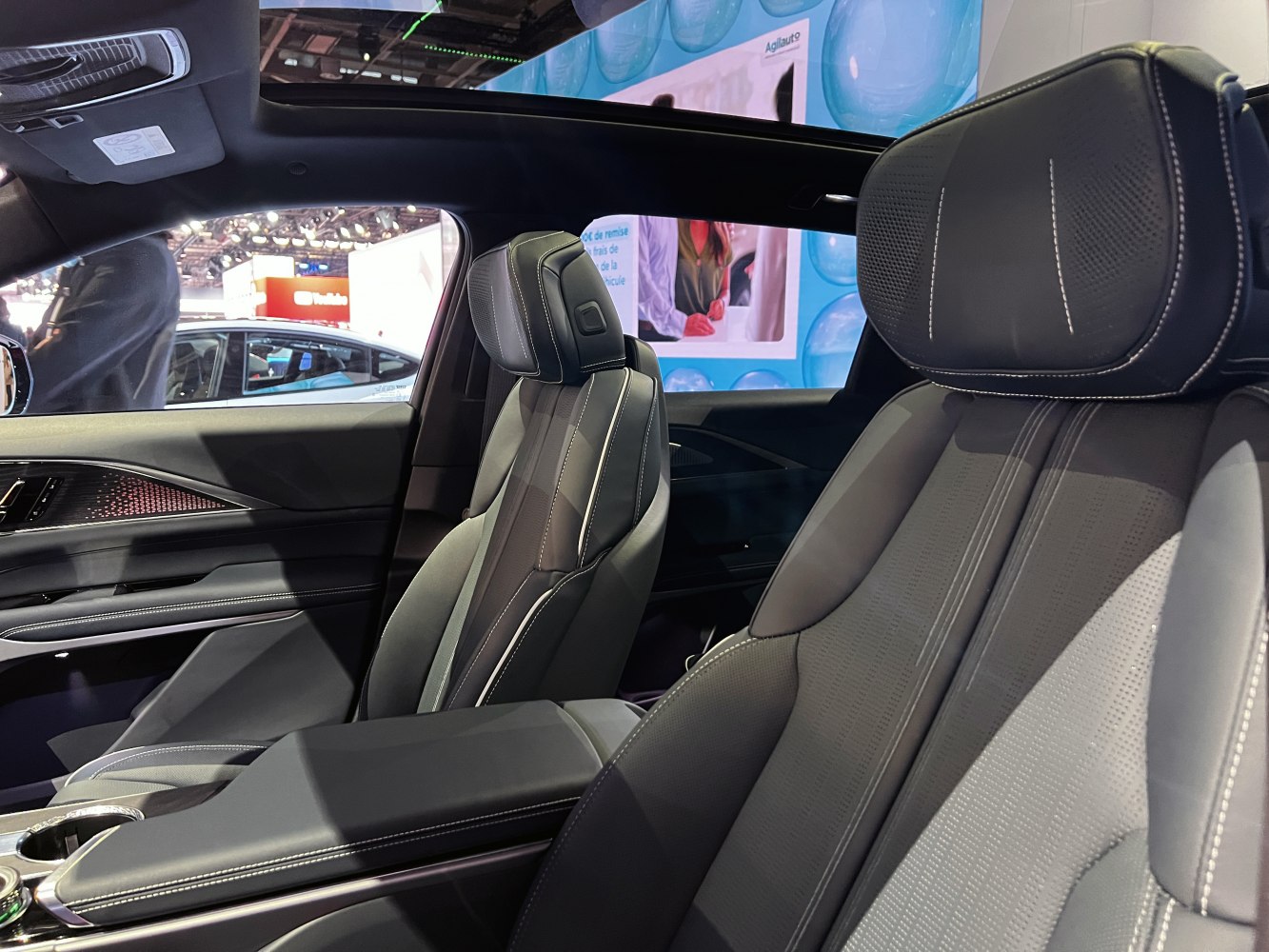 Leather seats and panoramic sunroof in vehicle interior