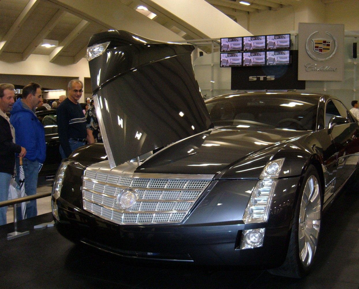 Large front grille with vertically raised hood in a luxury car setting