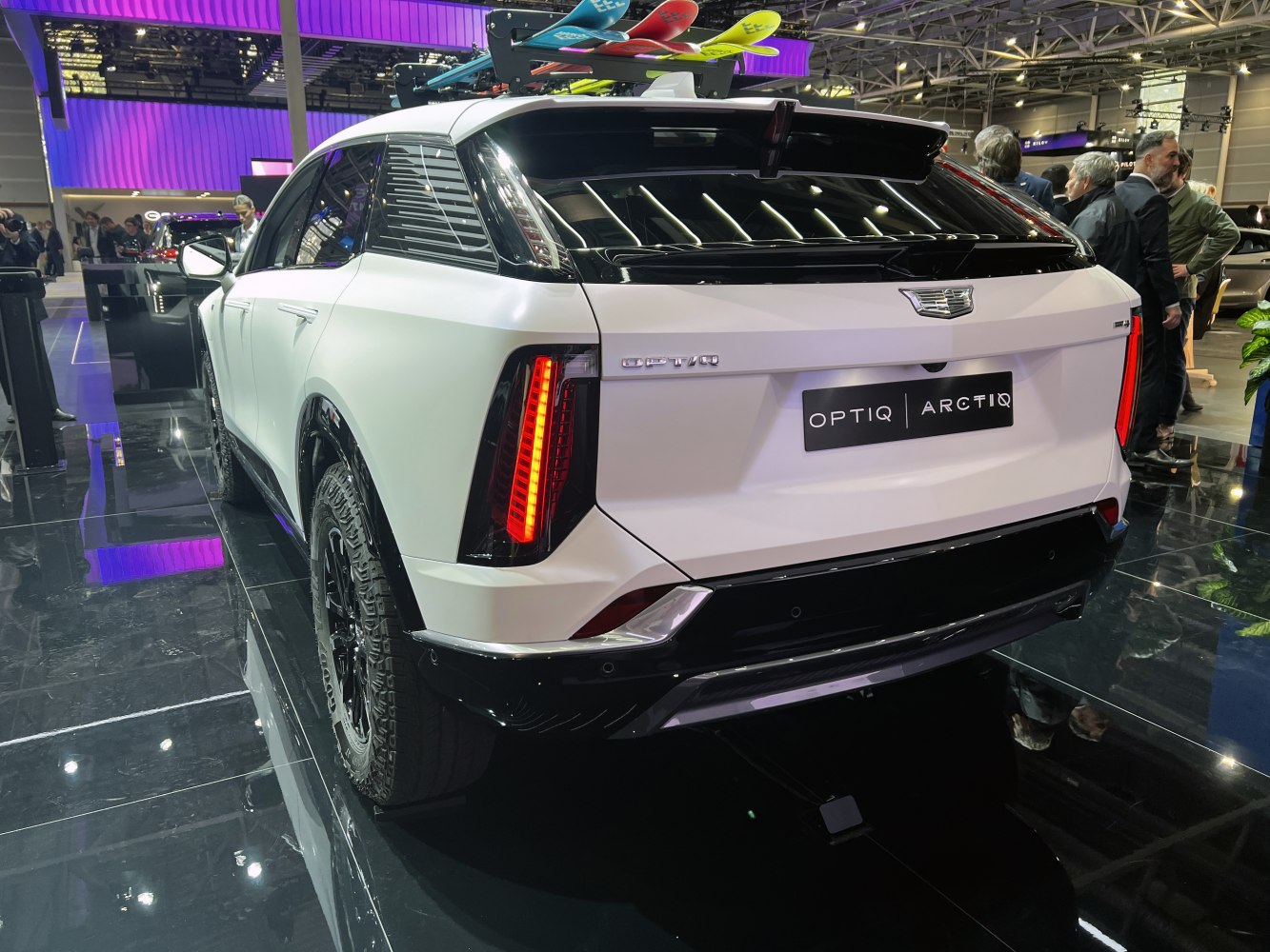 Rear view of SUV with vertical LED taillights and roof ski rack