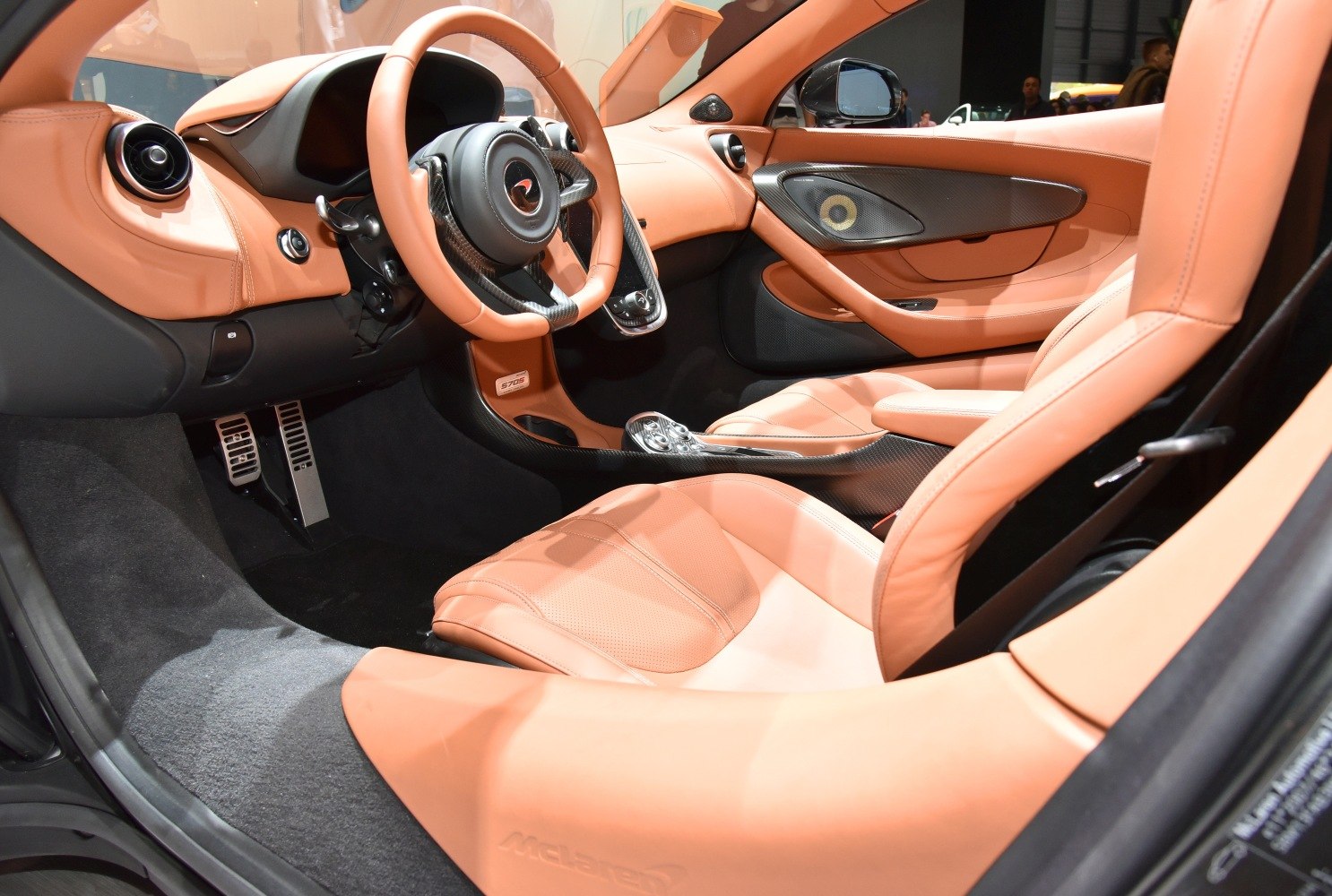 Tan leather seats with carbon fiber trim and driver-focused steering wheel.
