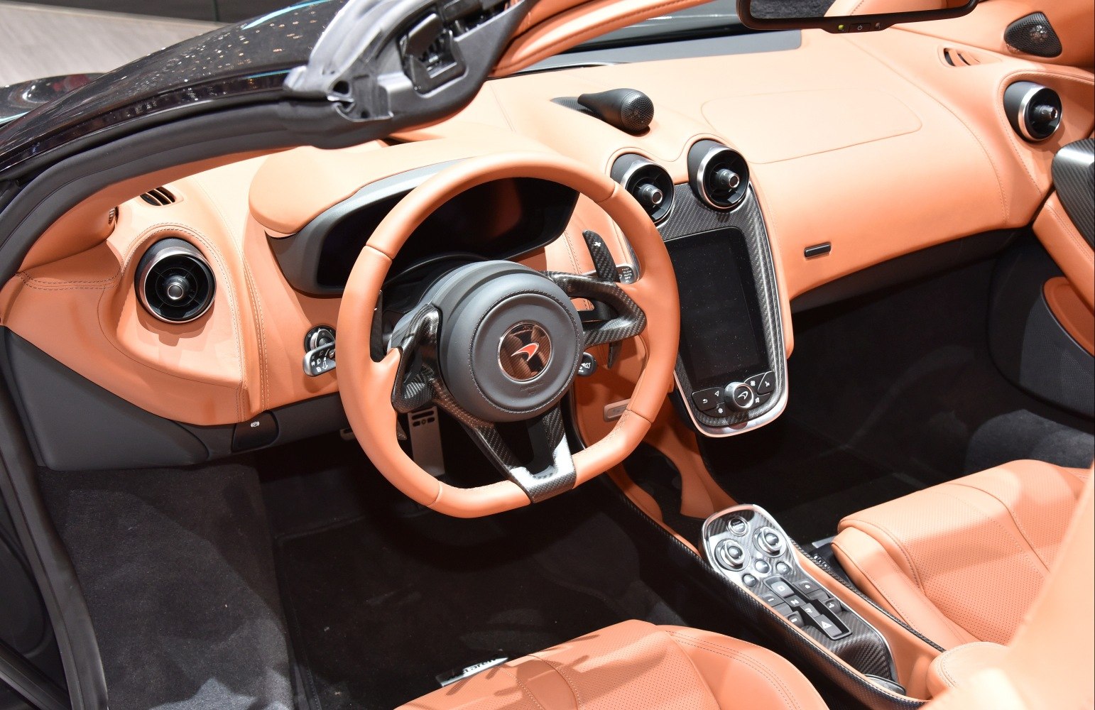 Luxury interior with leather steering and carbon fiber dashboard