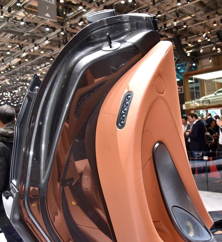 Tan leather car door interior with carbon fiber and speaker detail
