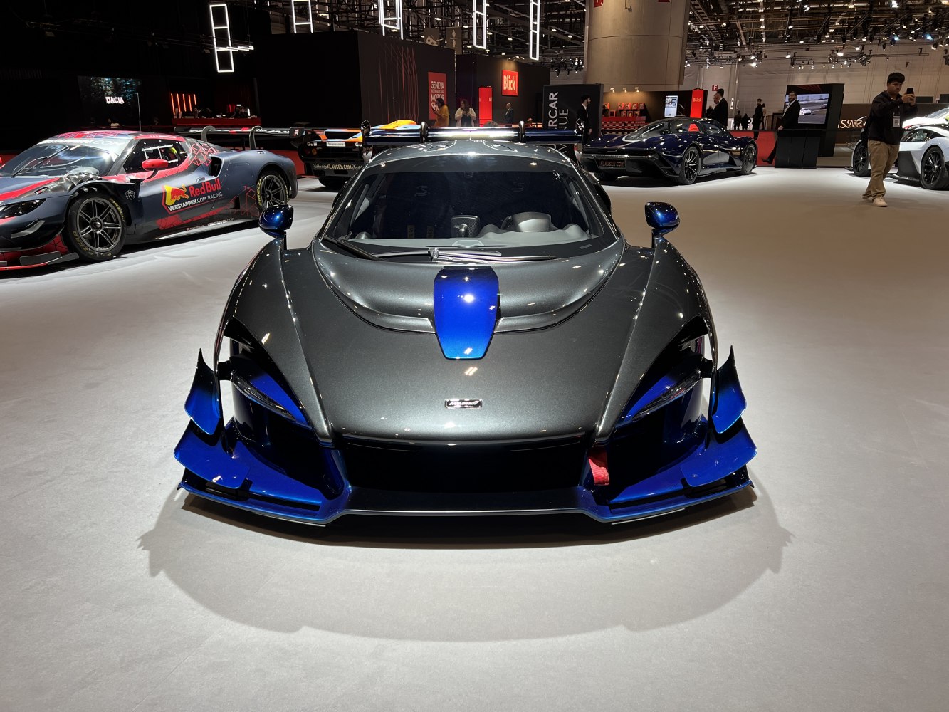 Aggressive front view with aerodynamic features and blue accents
