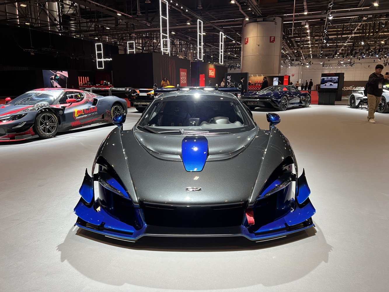 Aggressive front view with prominent aerodynamic splitter and winglets