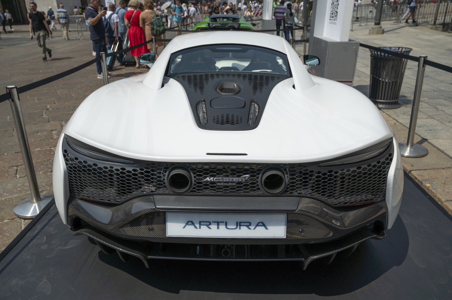 Rear view showcasing dual exhaust and aerodynamic design