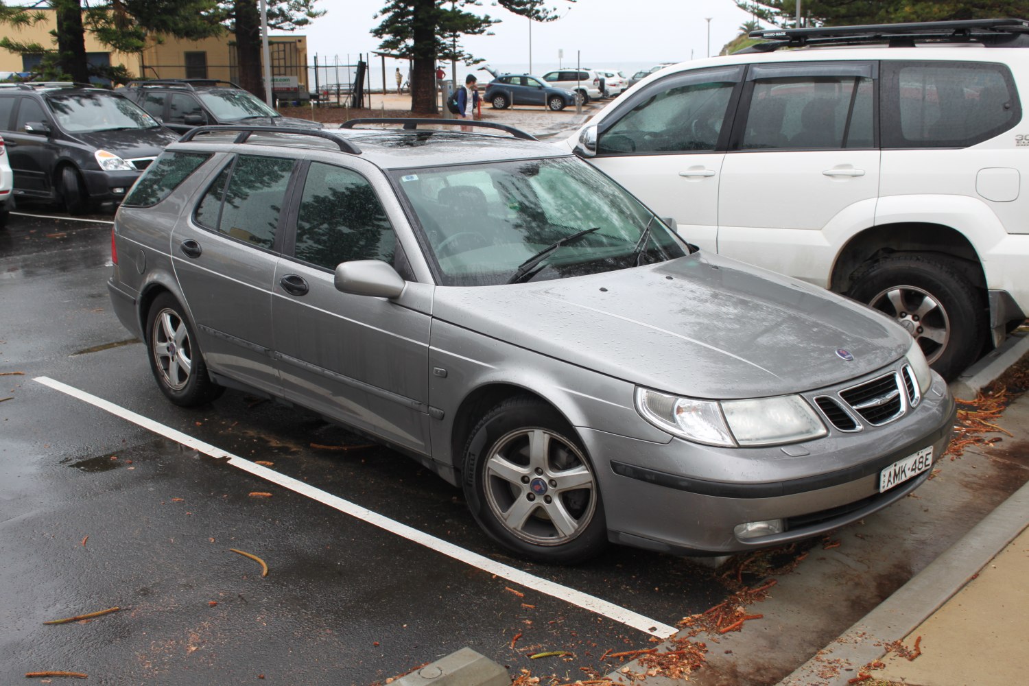 Silver station wagon with roof rails and distinct front fascia