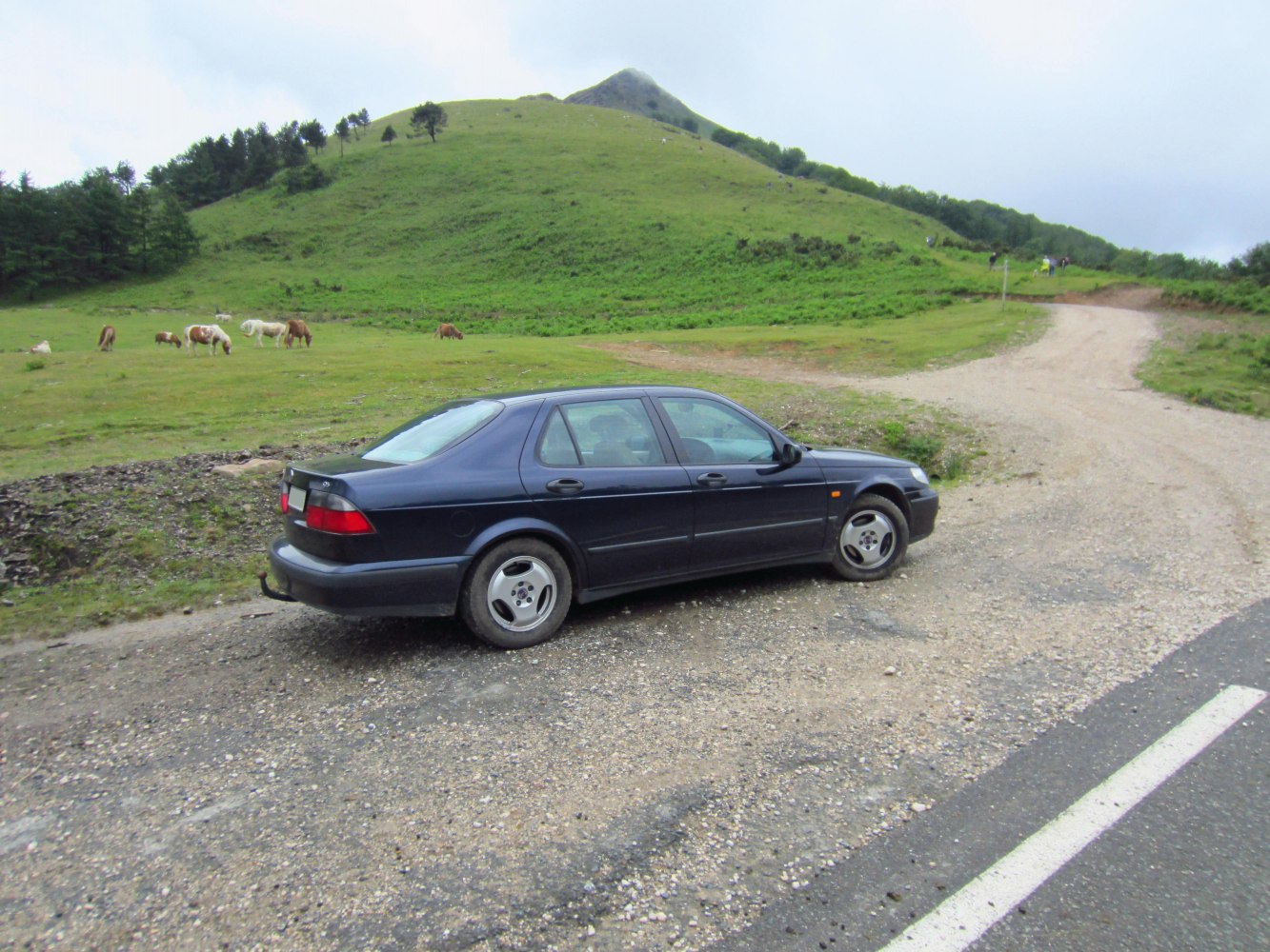 Side and rear view of classic sedan on gravel road