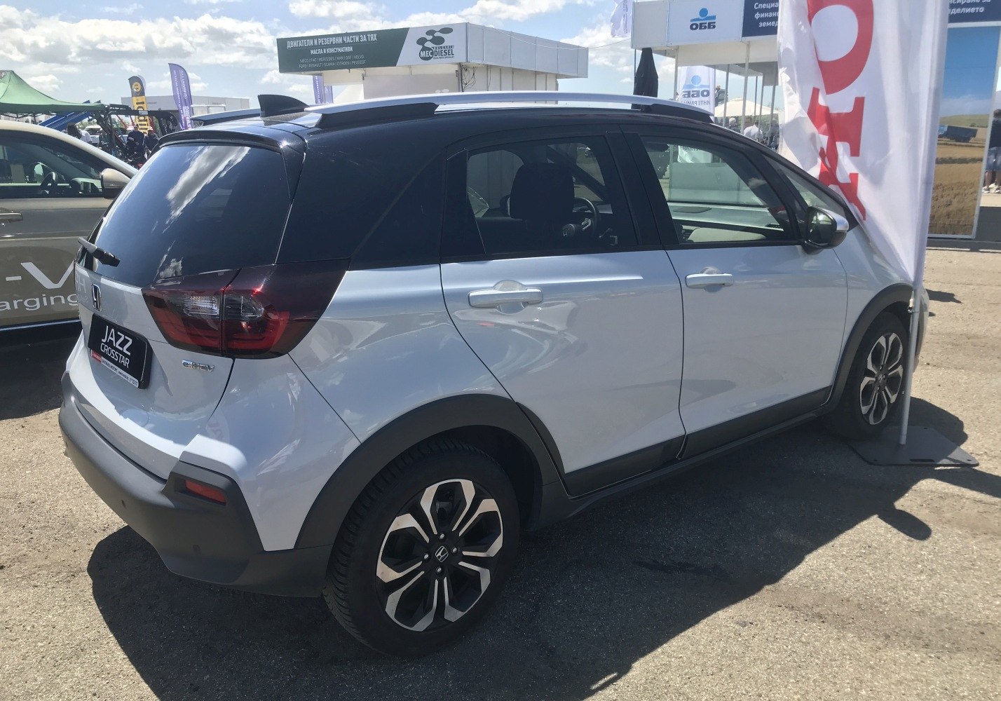 Rear side view of compact crossover with alloy wheels and black roof.