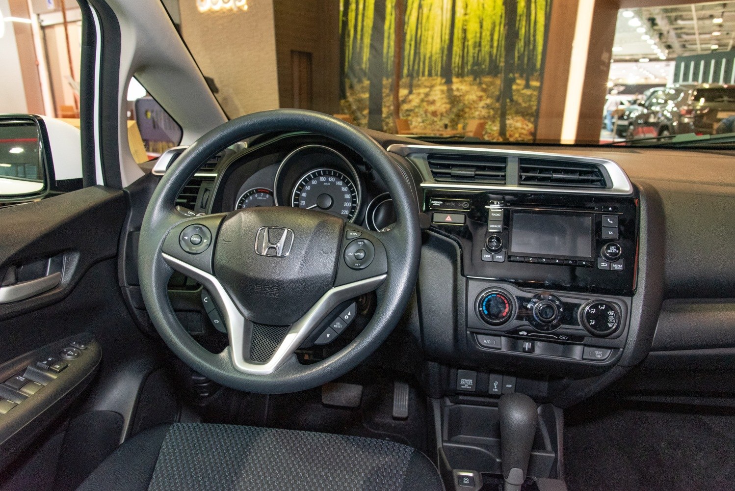 Dashboard, steering wheel with controls, center console layout
