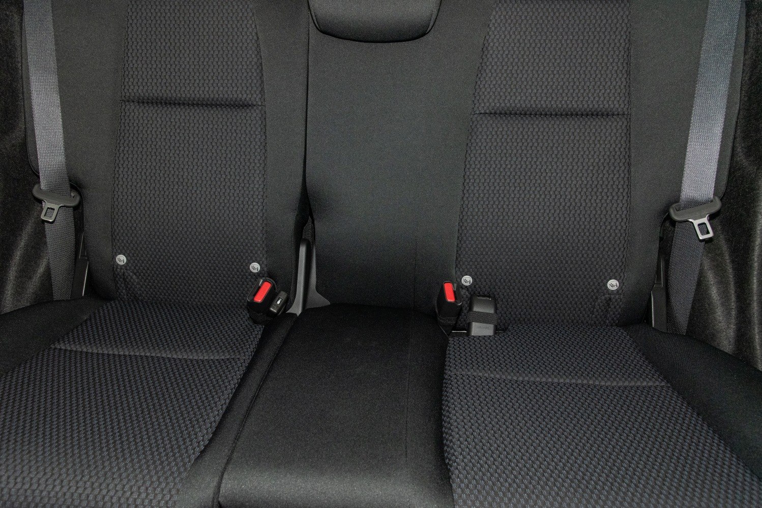 Rear seats with textured upholstery and seatbelt buckles