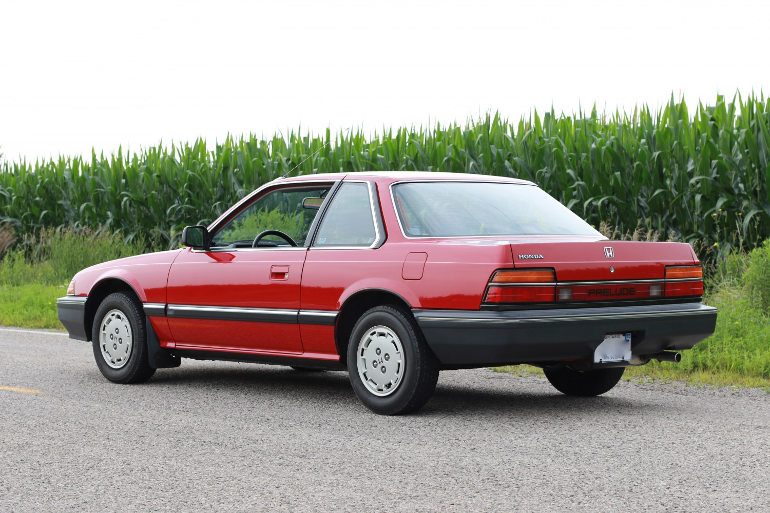 Rear side view of a vintage 1980s coupe with rectangular tail lights and aerodynamic rear window.
