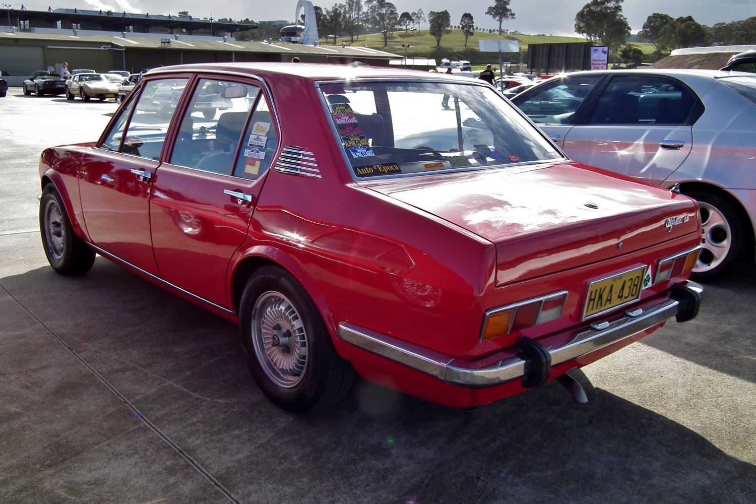Rear view of vintage sedan with chrome bumper and angular lines