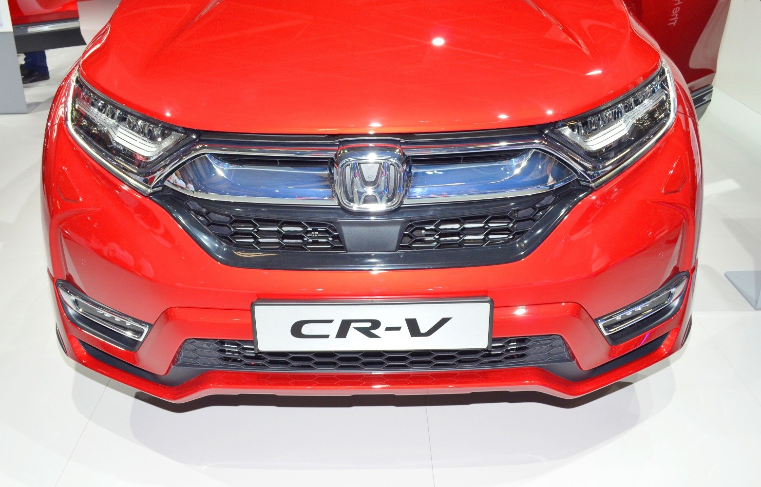 Close-up of modern front grille and LED headlights on a vehicle