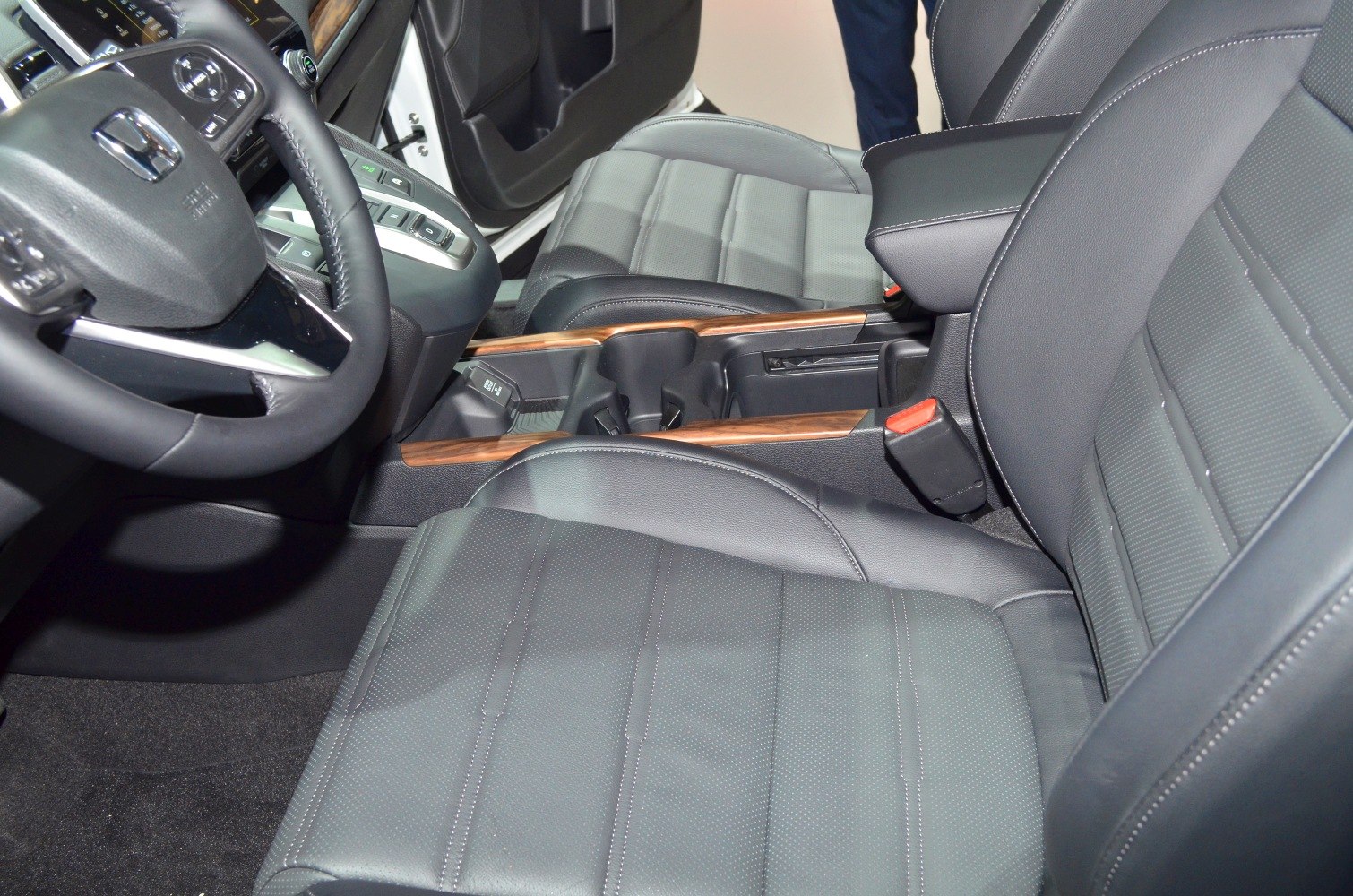 Leather seats and wood trim center console interior