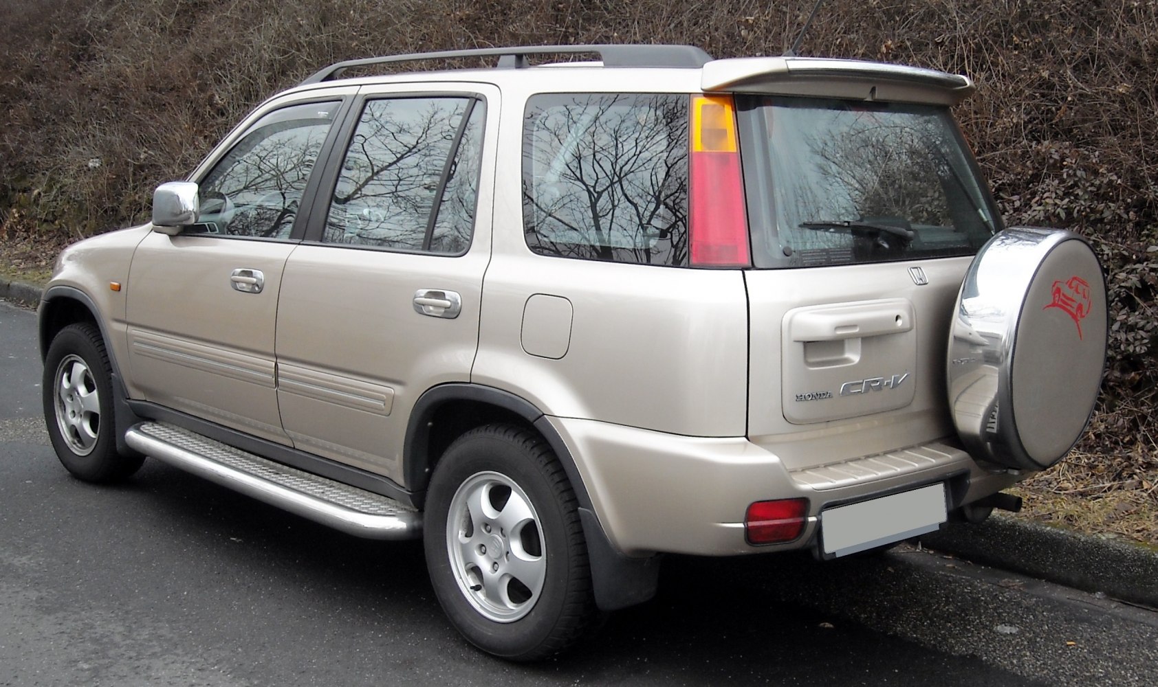 Rear side view with spare tire cover and roof rails of an SUV