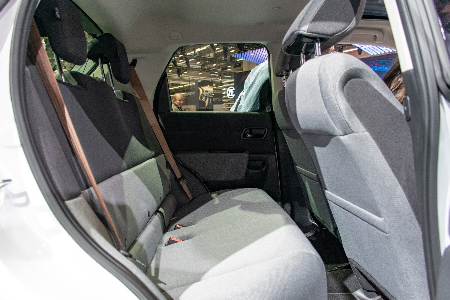 Rear fabric seats and spacious interior of a modern electric vehicle