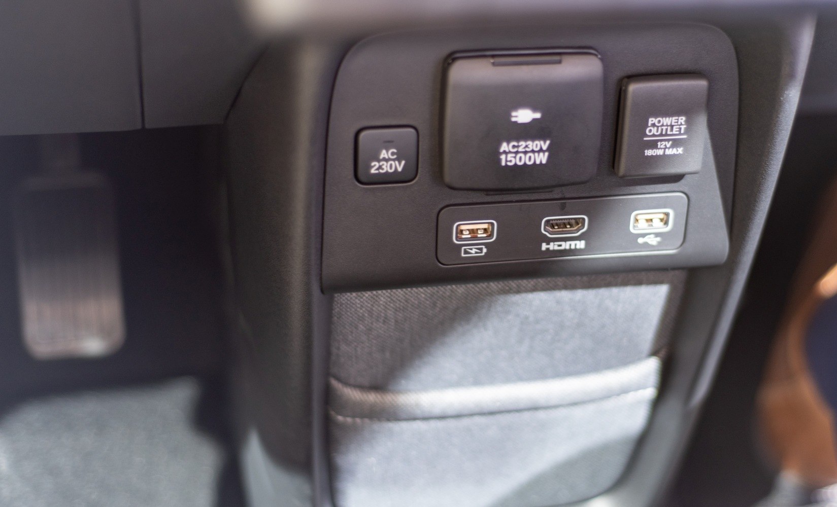 230V AC power outlet, USB ports, HDMI port, 12V power outlet