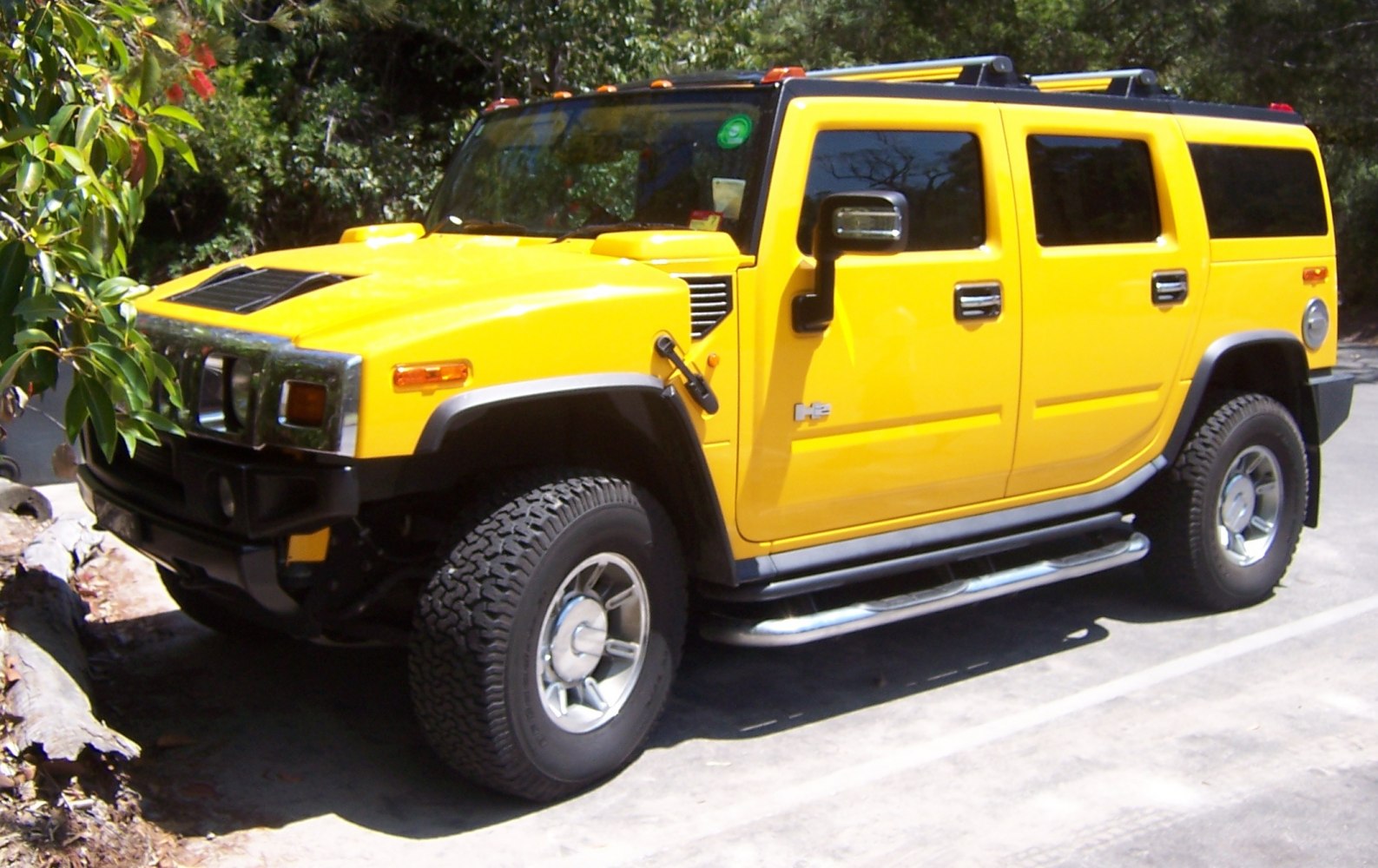 Yellow SUV with off-road wheels, chrome side steps, and roof railings.