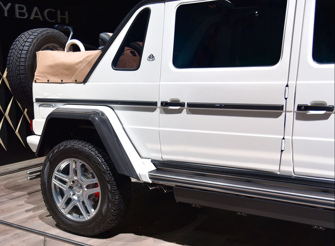 Luxury SUV rear side with spare tire and carbon fiber accents