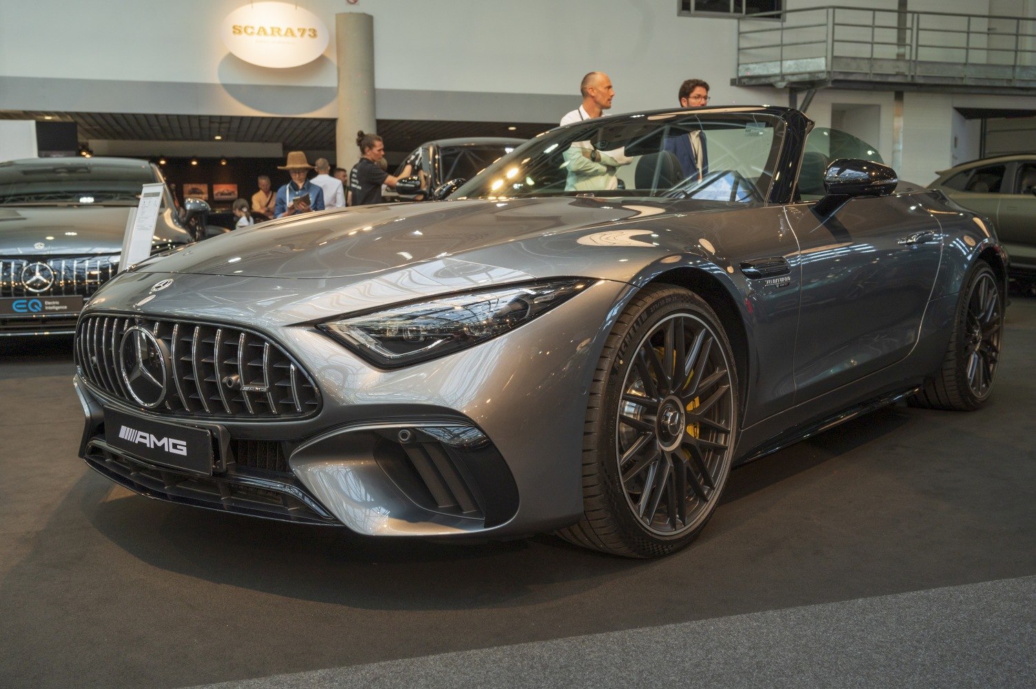 Sporty front grille and alloy wheels of a luxury AMG roadster