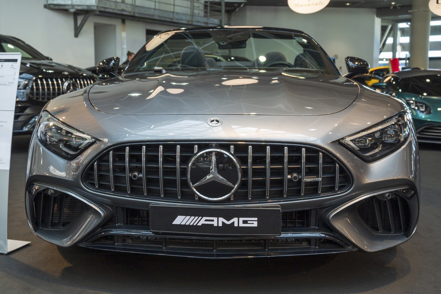 Front grille and headlights of a luxury sports convertible