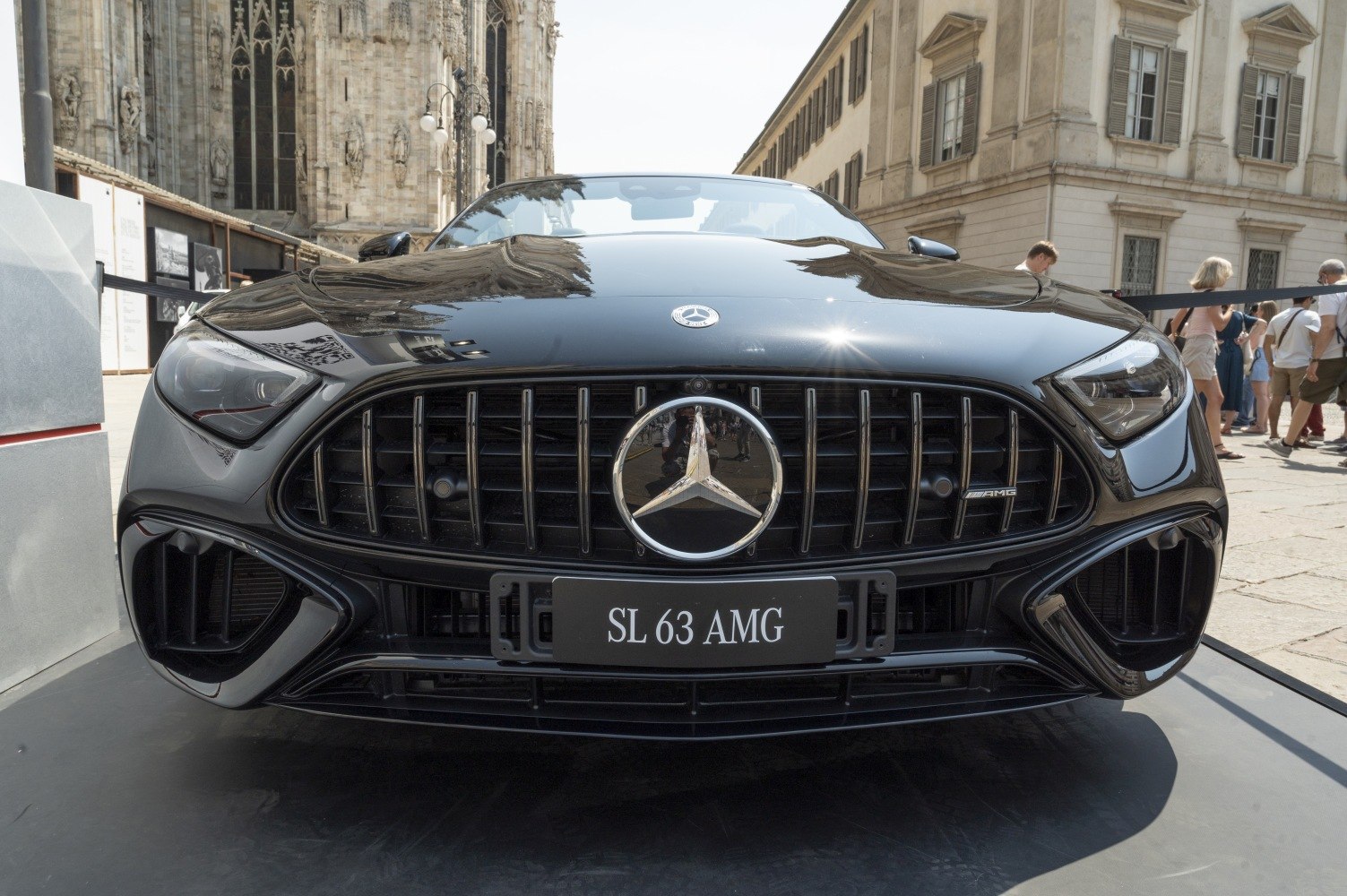 Sleek black front grille with Mercedes emblem and sporty headlight design
