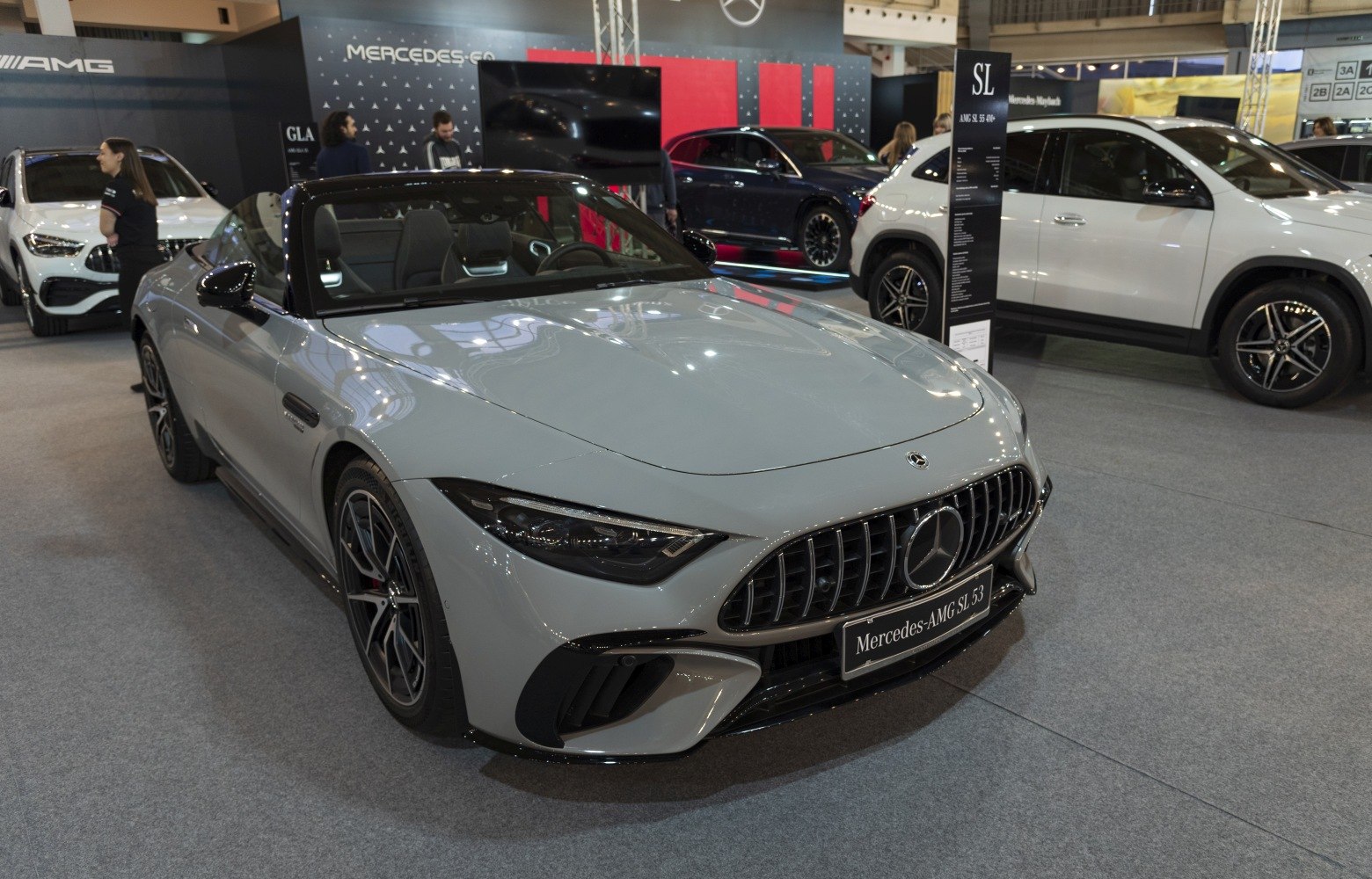 Front view of sporty convertible with prominent grille and LED headlights