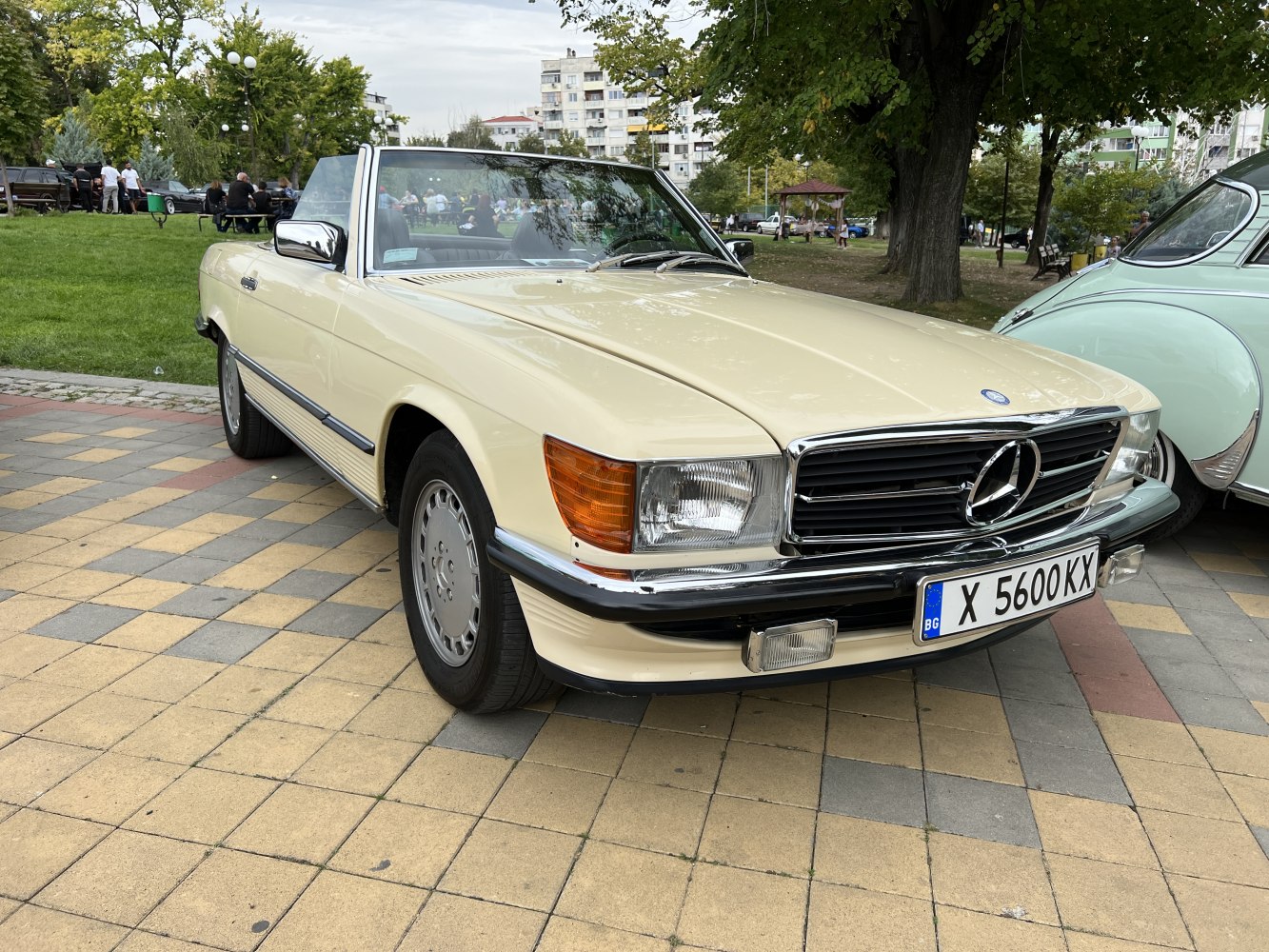 Classic convertible with chrome grille and bumper