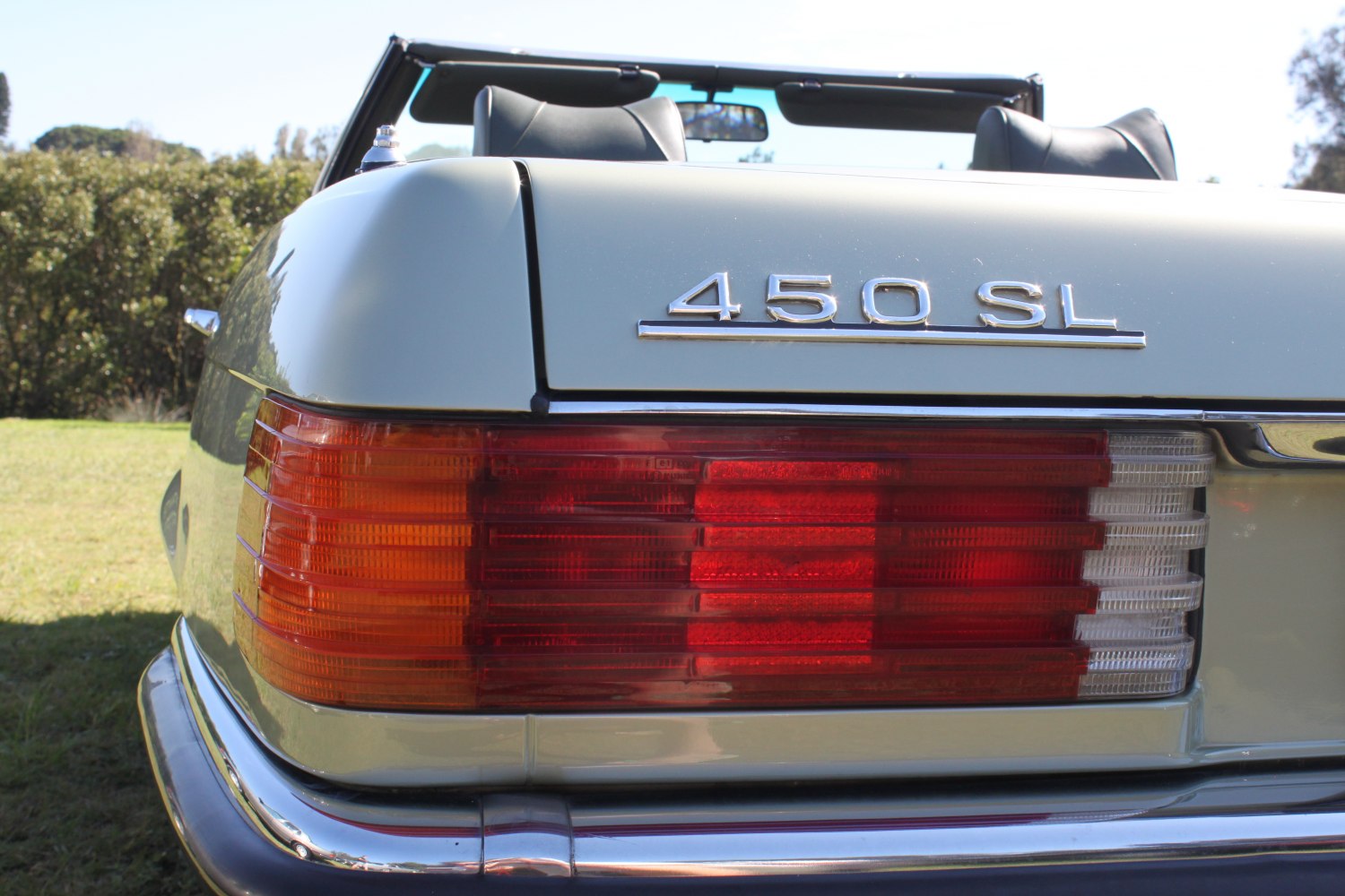 Rear tail light and 450 SL model badge on classic Mercedes convertible