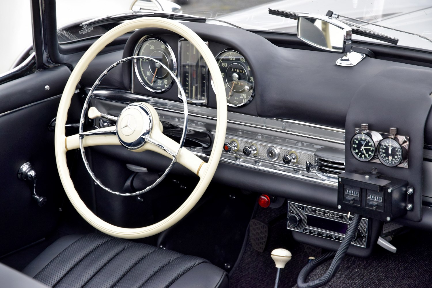Vintage steering wheel and dashboard with classic gauges and controls