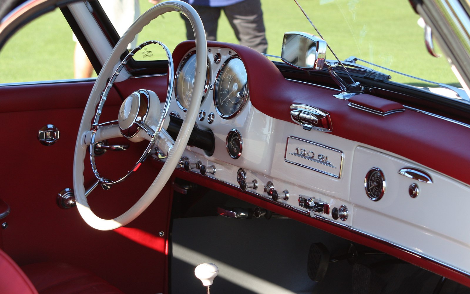 Classic vintage car interior with steering wheel and gauges
