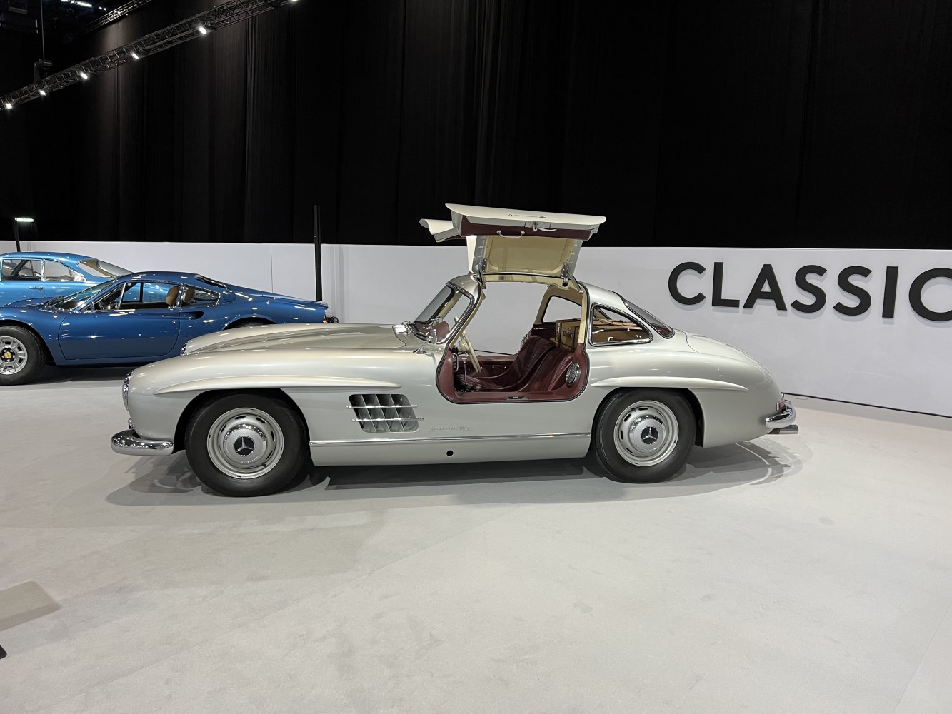 Classic coupe showing iconic gullwing door in profile