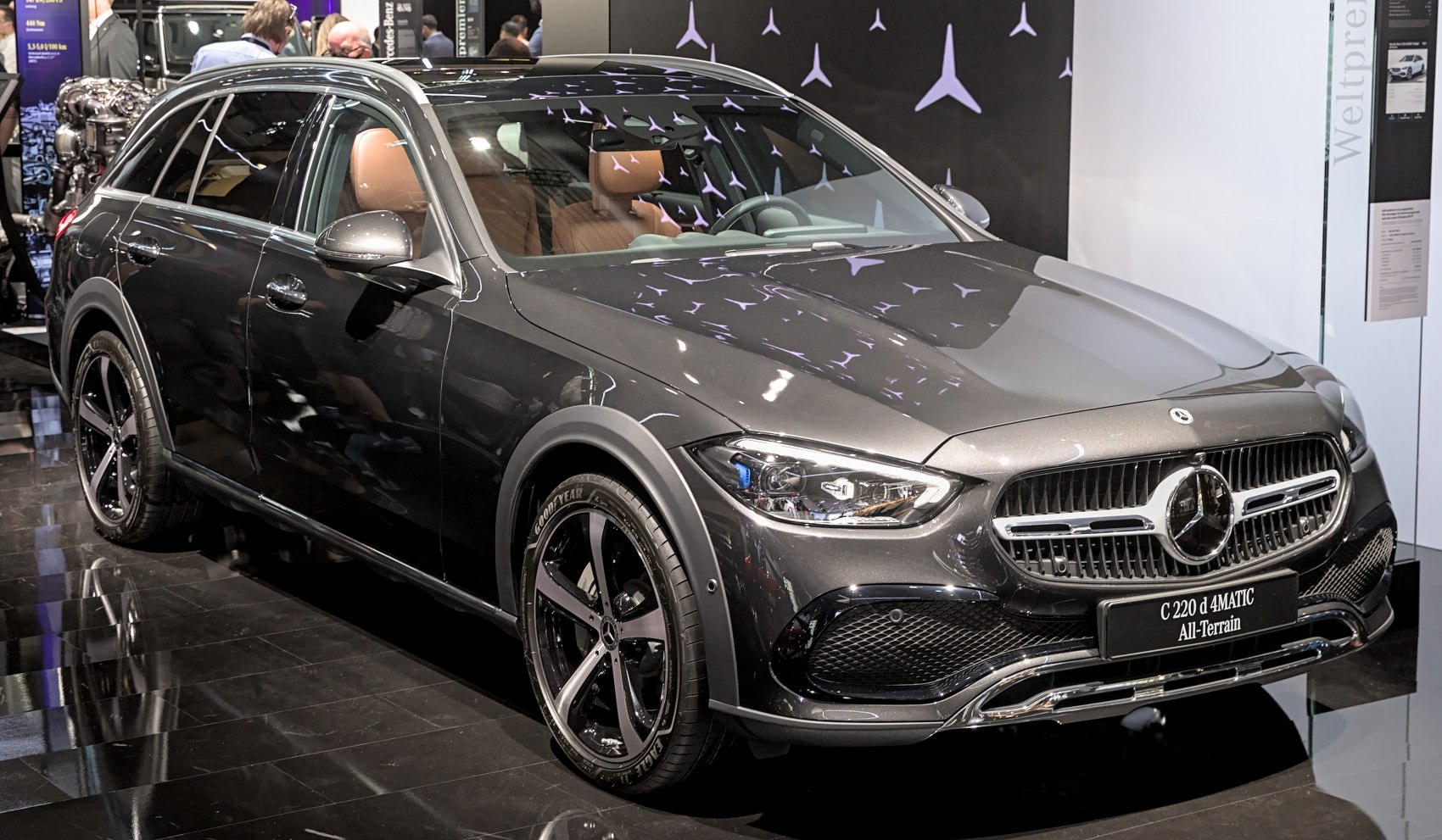 Front view of luxury wagon with distinctive grille and headlight design