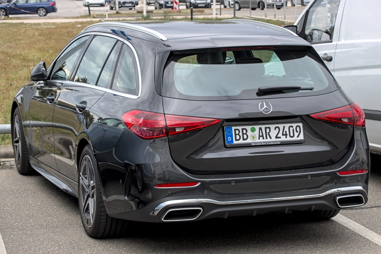 Rear view of station wagon with LED taillights and dual exhausts