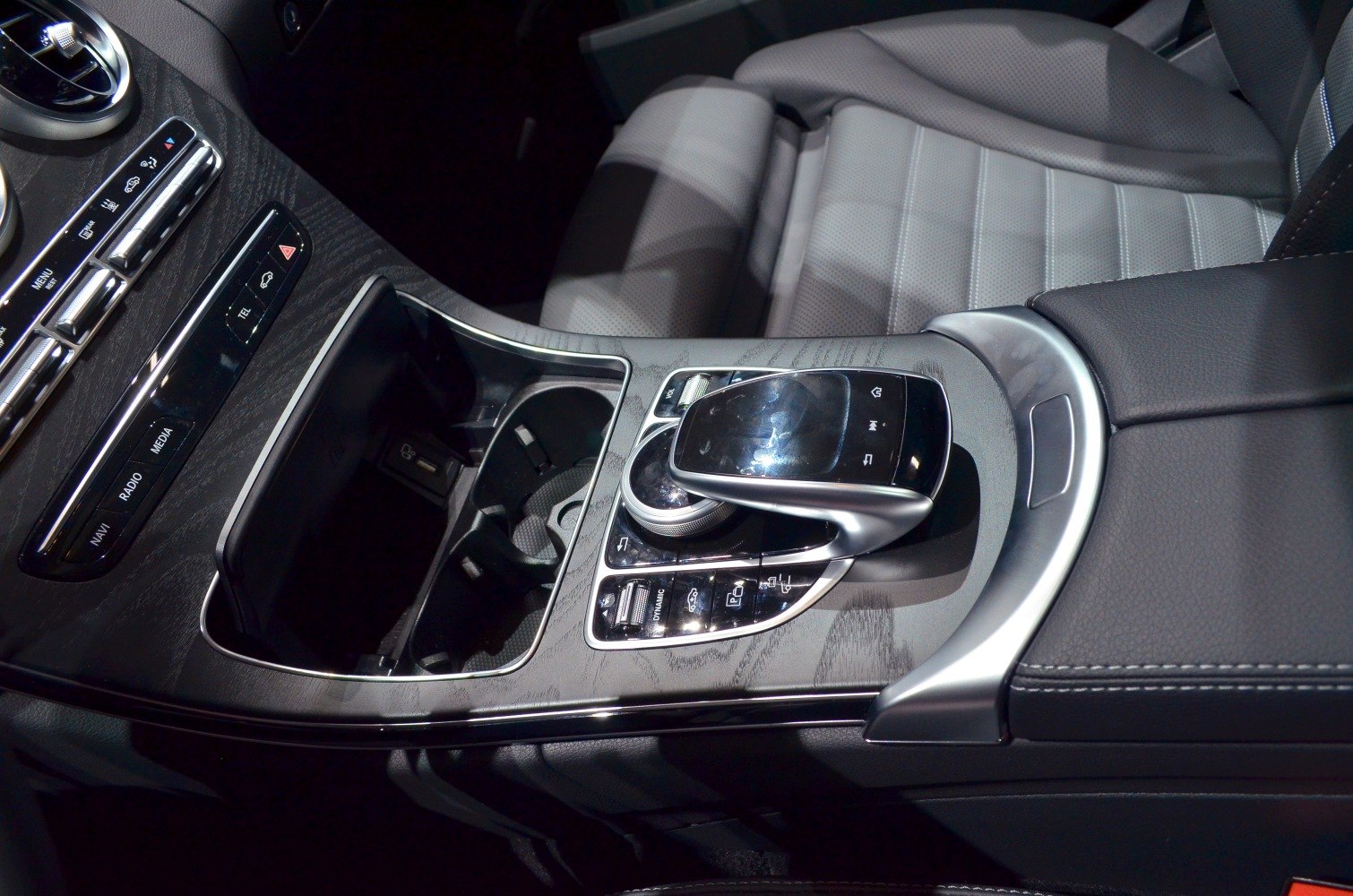 Interior center console with gear selector and controls