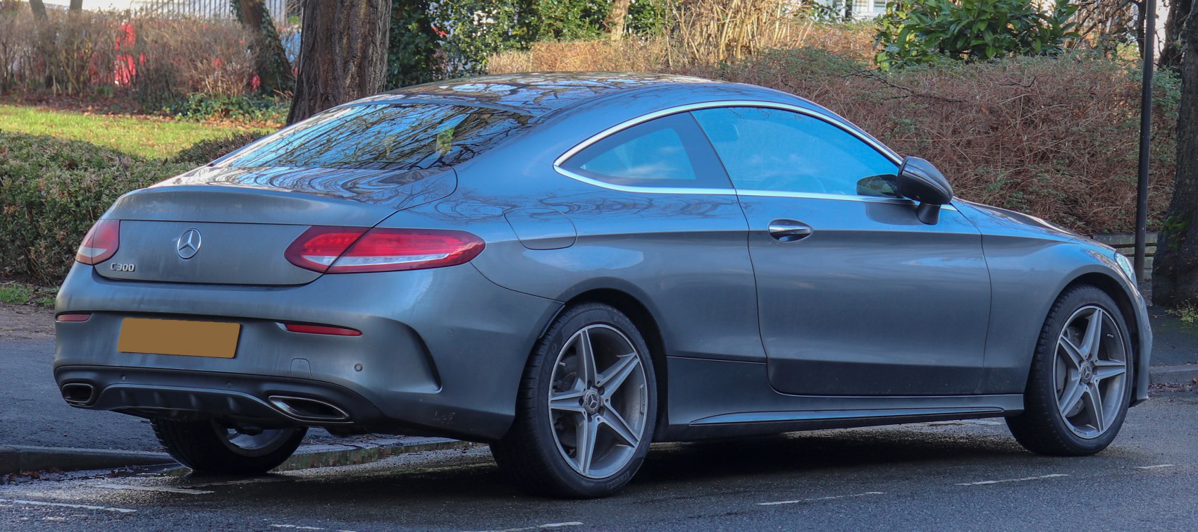 Sleek rear and side view of a two-door coupe with smooth lines and distinctive taillights