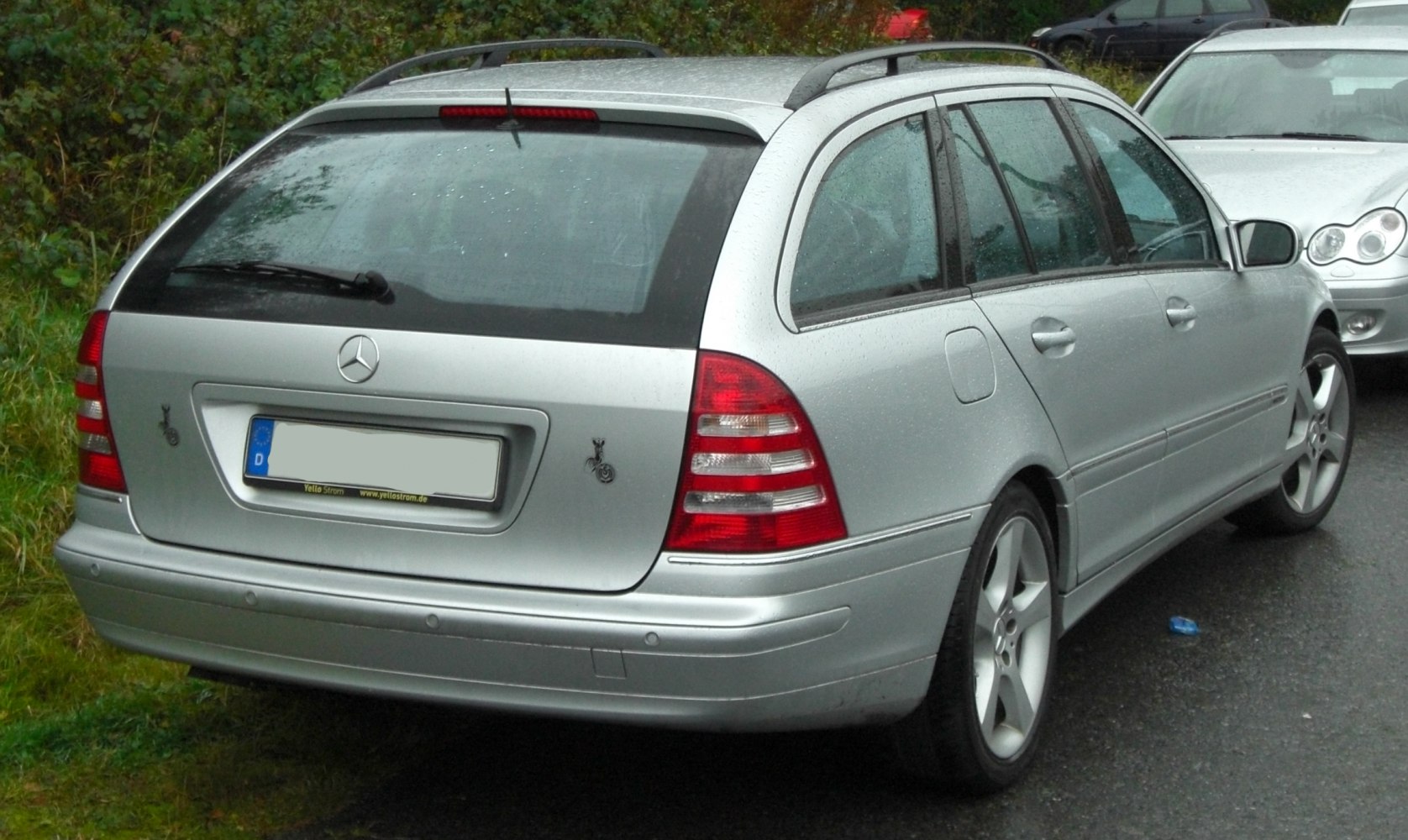 Silver station wagon rear view with roof rails and multi-segmented taillights