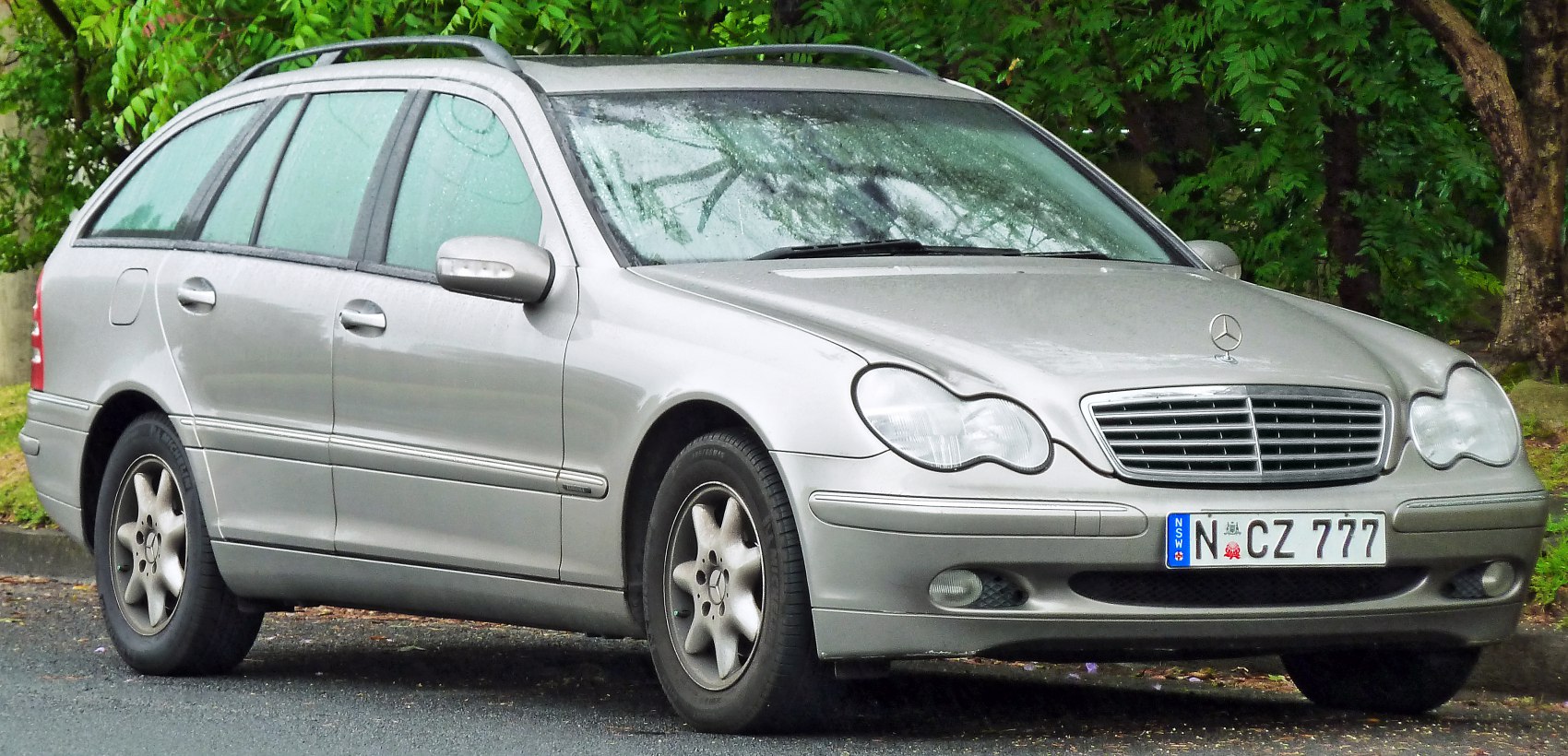 Silver estate vehicle with rounded headlights and roof rails