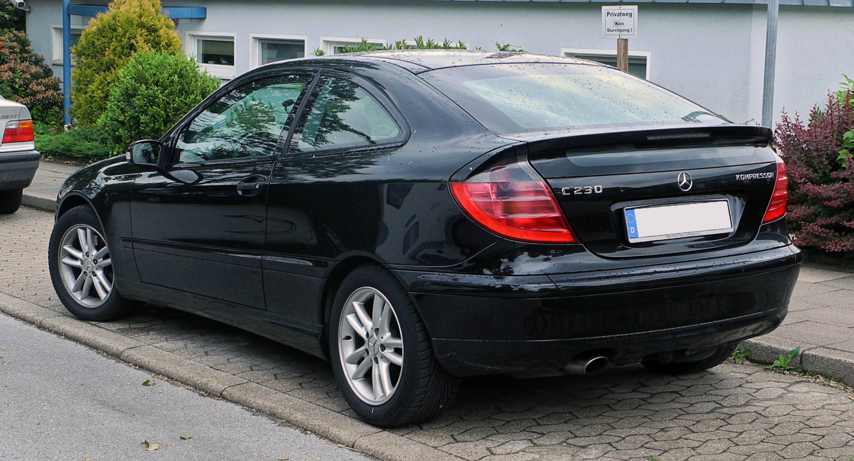 Rear side view of a black two-door sport coupe with distinctive tail lights and alloy wheels