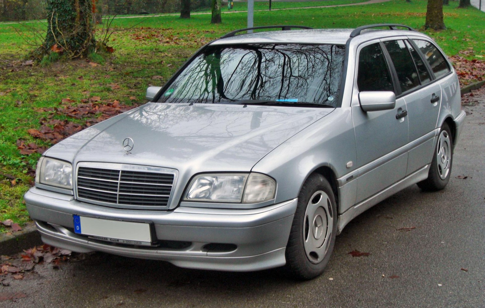 Front side view of a silver estate with grille and roof rails