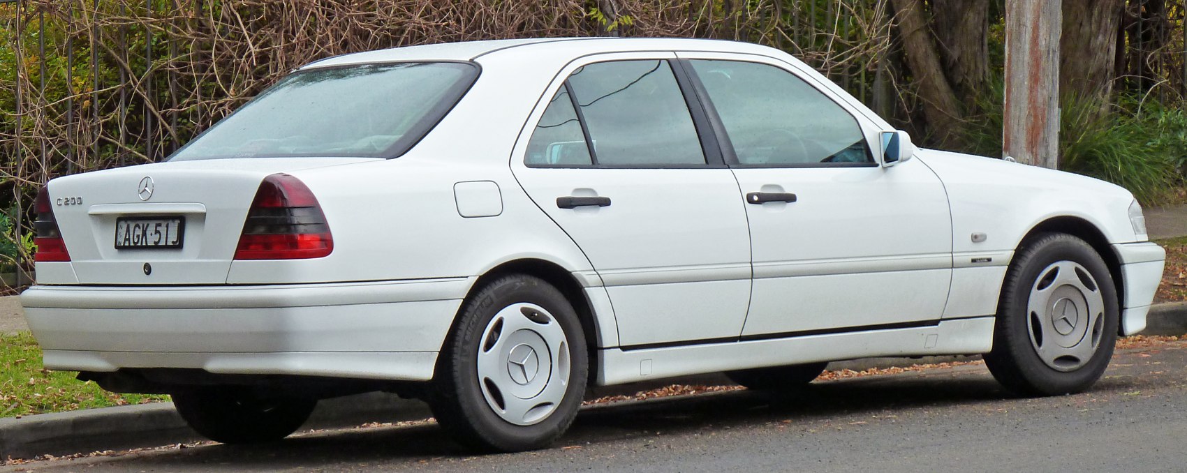 Rear-side profile showing tail lights and white sedan body
