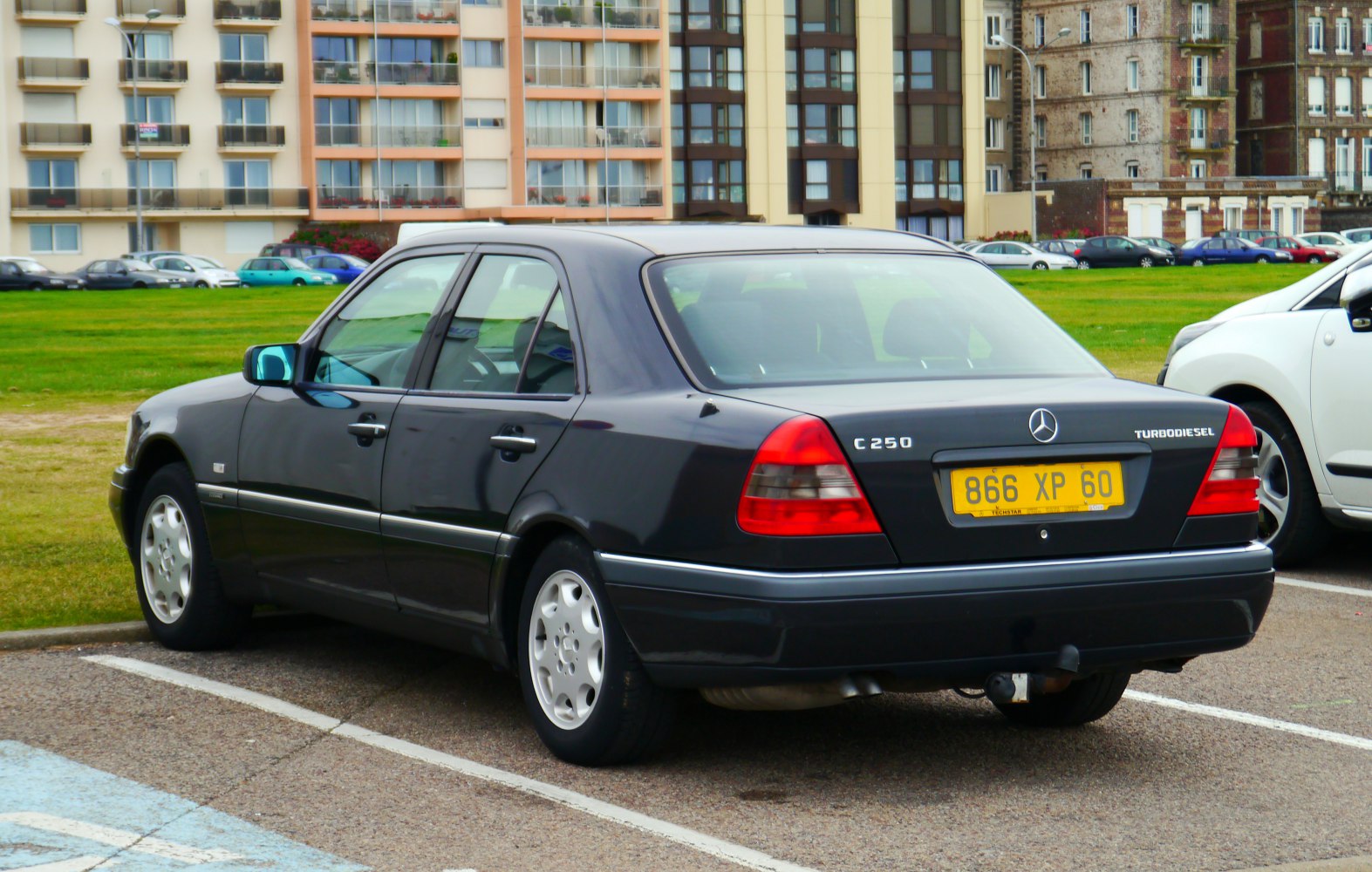Rear view of sedan with distinct tail lights and turbodiesel badge