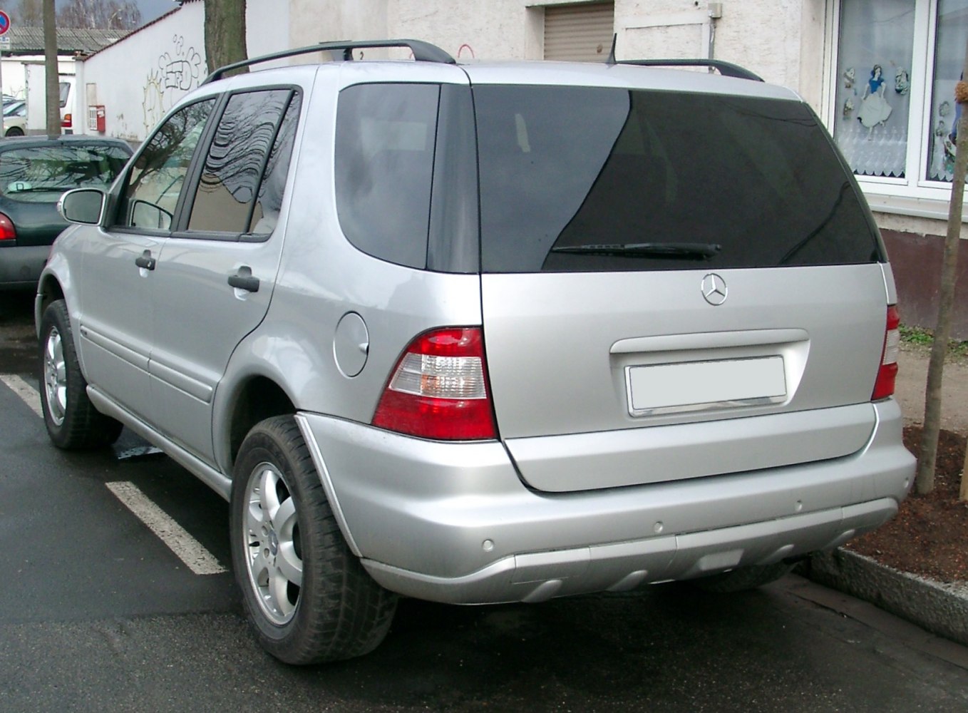 Rear view of silver SUV with tinted rear windows and distinct tail lights
