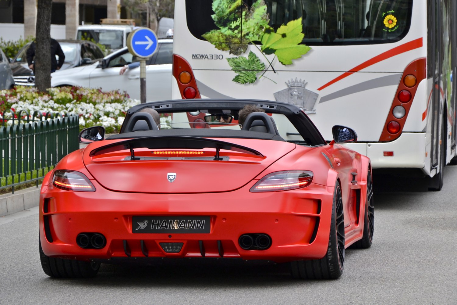 Open-top AMG roadster rear with spoiler and quad exhaust