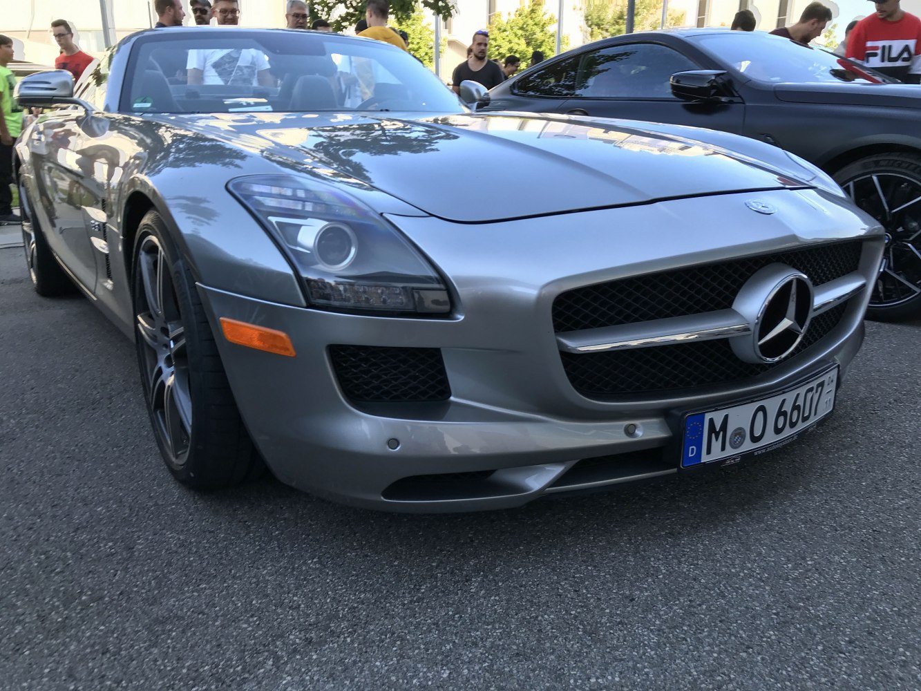 Luxury convertible front grille and headlight close-up