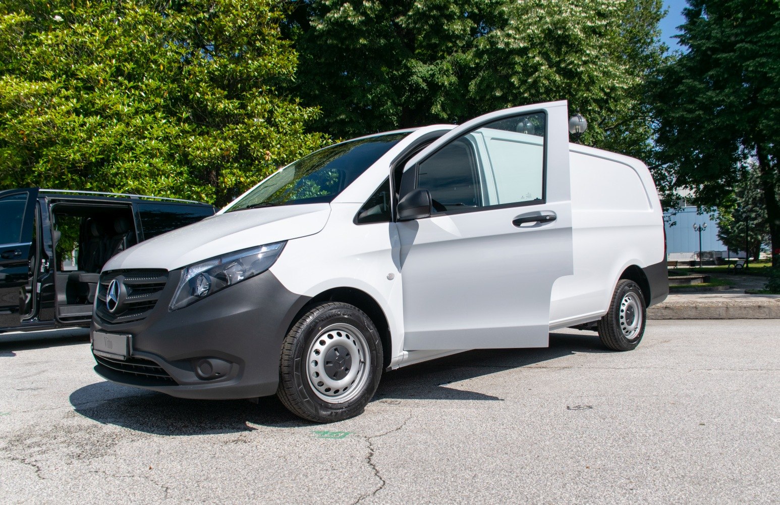 White van with open driver's door and steel wheels