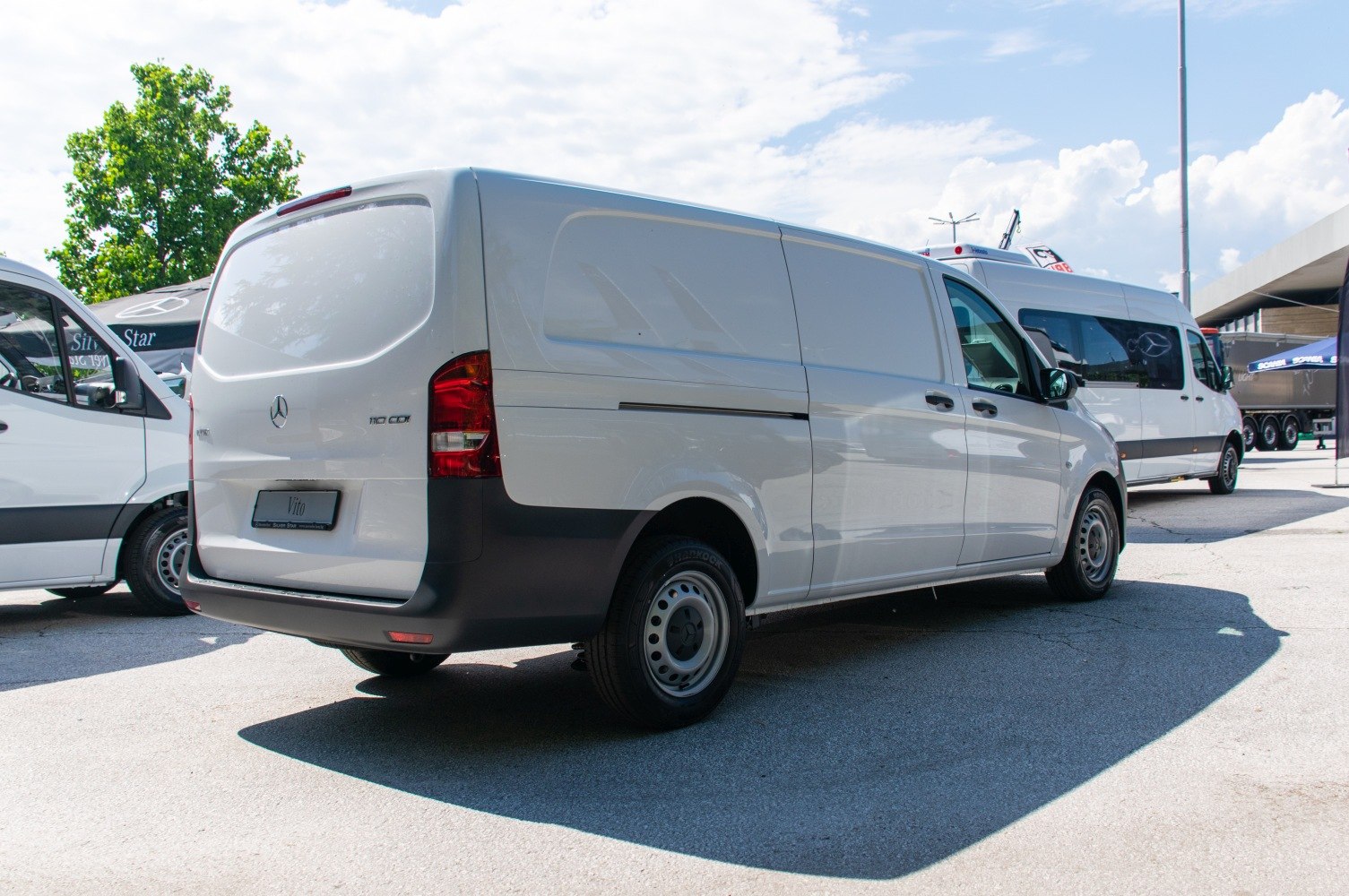 Rear and side view of an extra-long panel van