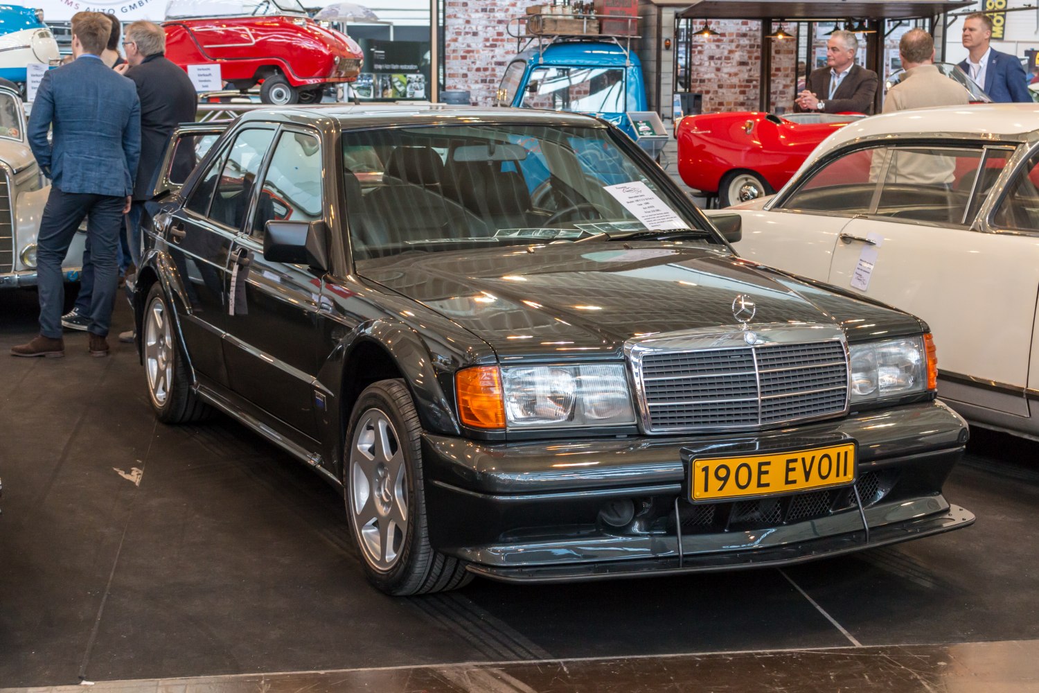 Black Mercedes 190E Evo II front view with sporty design